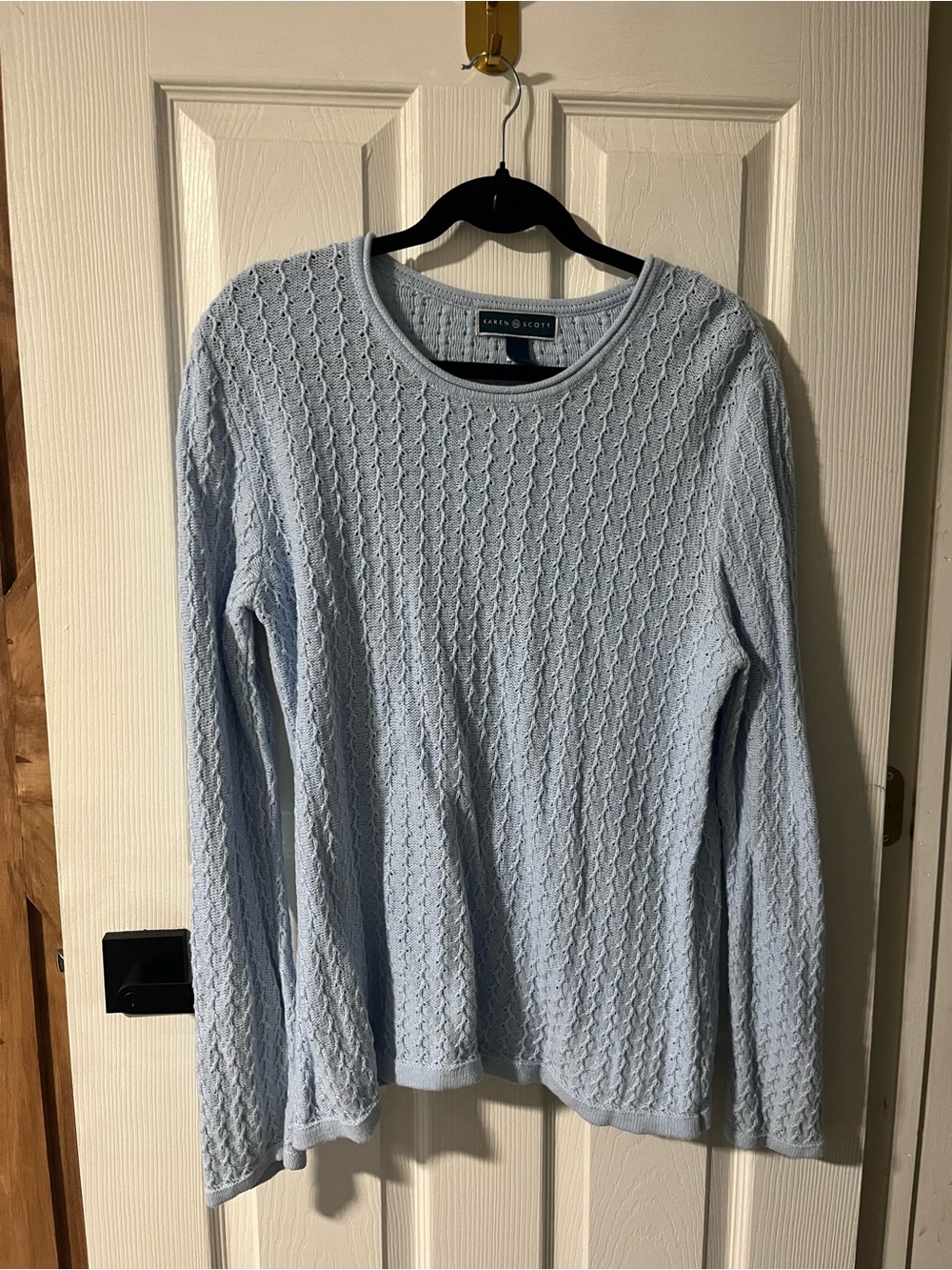 Karen Scott Light Blue Cable Knit Pointelle 100% Cotton Sweater Size L